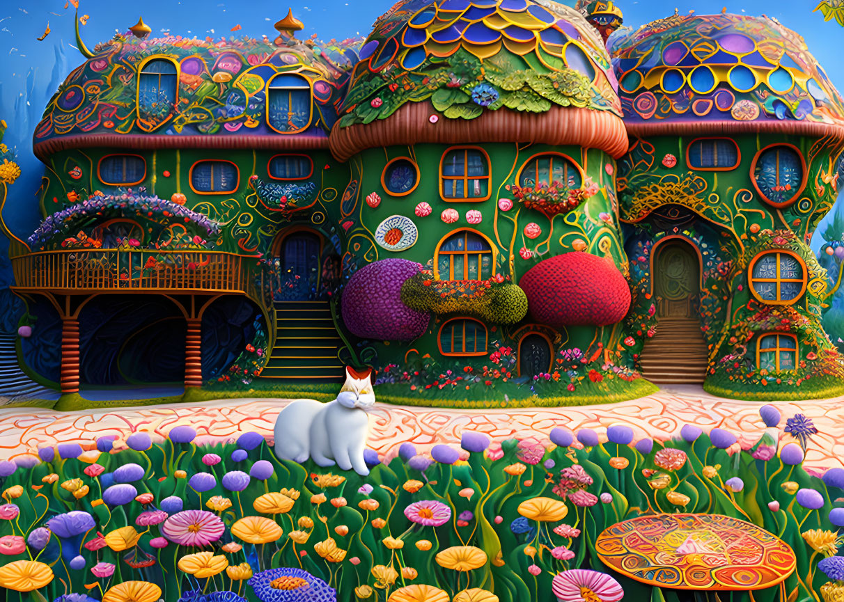 Fantasy scene: Vibrant mushroom houses, colorful garden, white cat