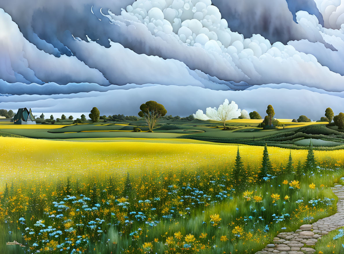 Vibrant landscape painting: yellow flowers, cloudy sky, stone path, trees.