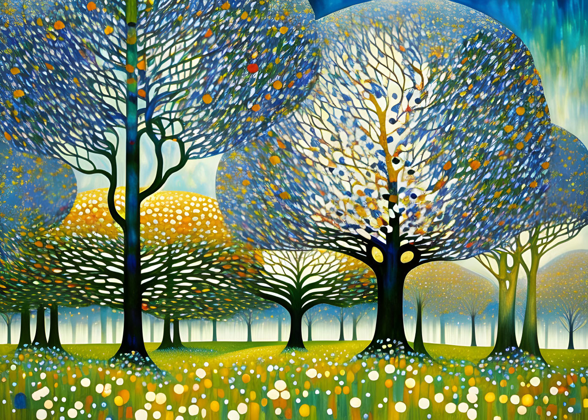 Colorful Stylized Painting of Whimsical Trees in a Forest