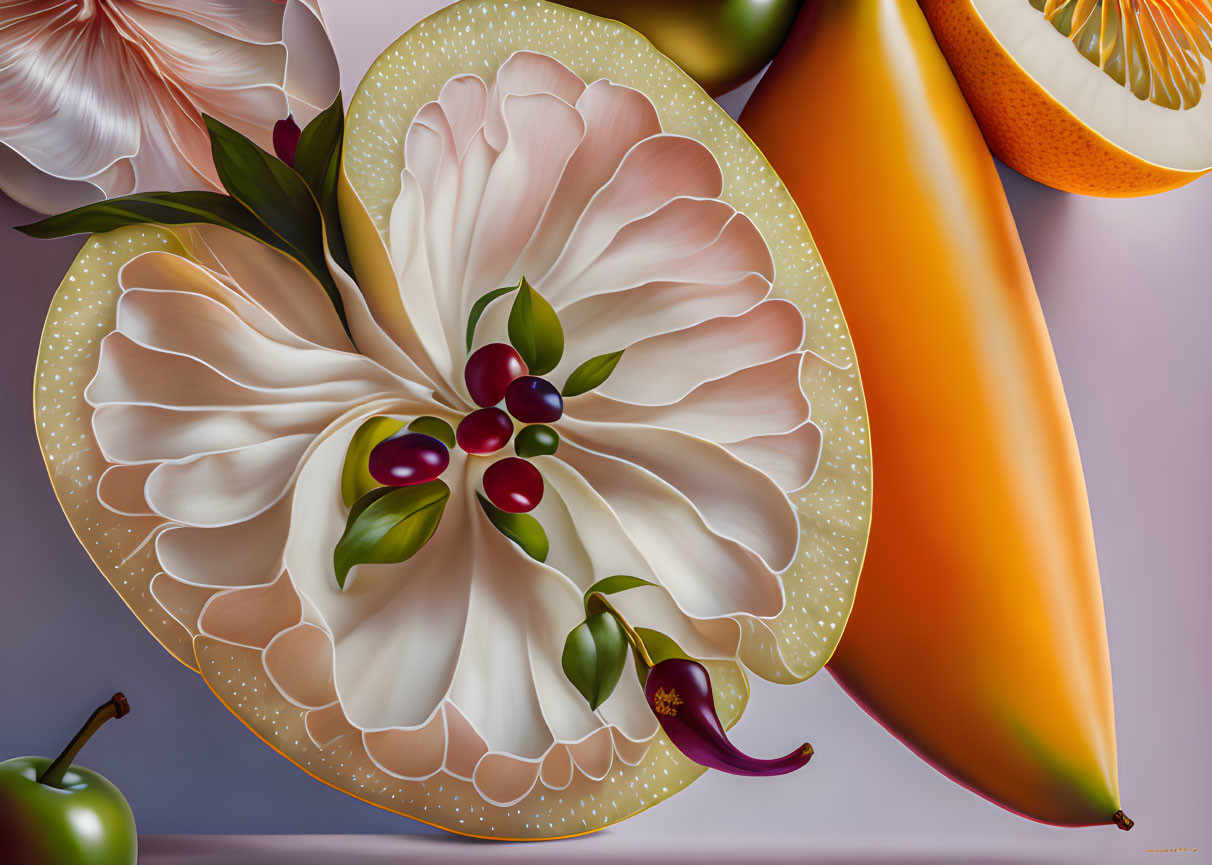 Detailed Hyperrealistic Fruits and Flowers Artwork with Vibrant Colors