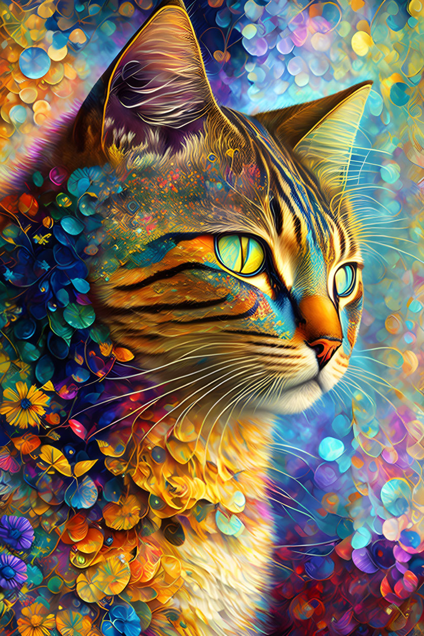 Colorful Kaleidoscopic Cat Artwork with Floral Patterns and Bokeh Background