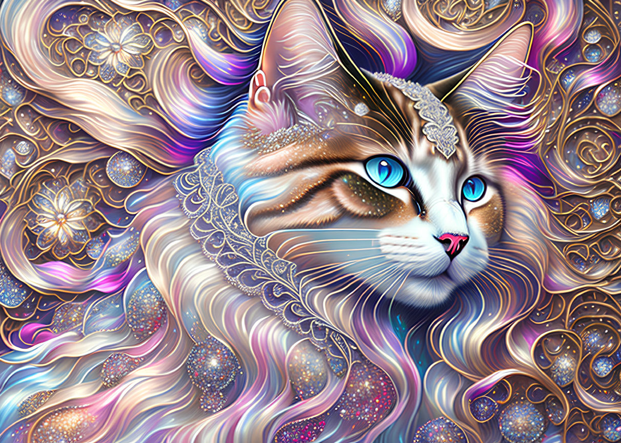 Colorful digital artwork of stylized cat with blue eyes and cosmic patterns.