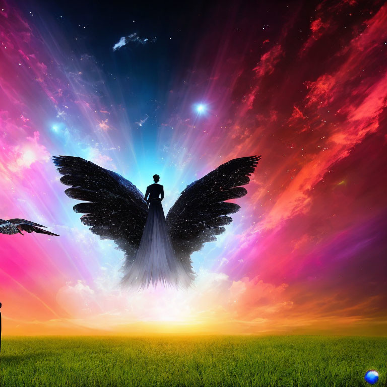 Silhouette of person with large wings in colorful field with dramatic sky