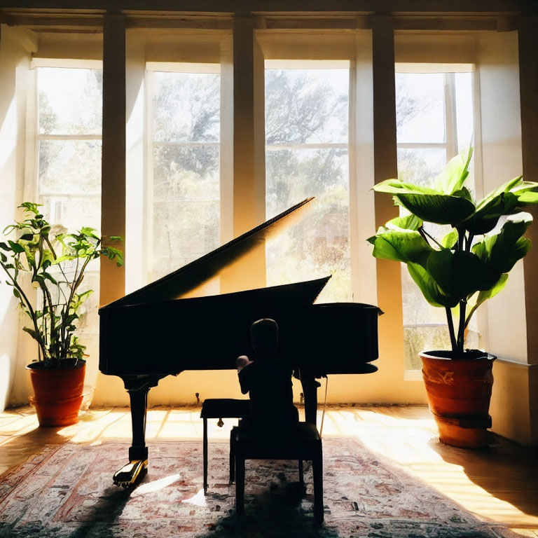 Silhouette of person playing grand piano by window with sunlight and potted plants