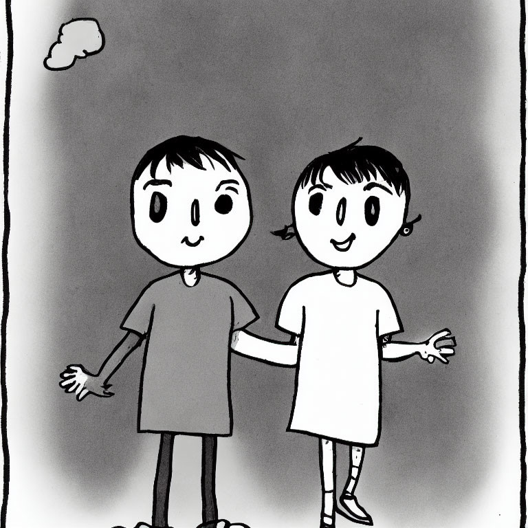 Cartoon boy and girl with cloud in black and white illustration