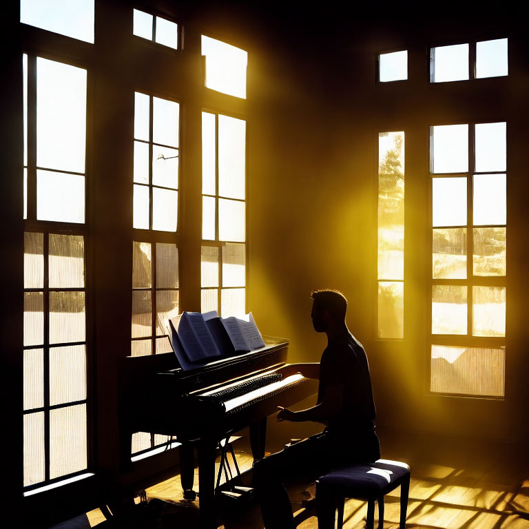 Silhouetted person playing piano in sunlit room