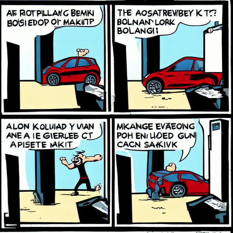 Four-panel comic strip: Red car stuck between walls with man's funny reactions