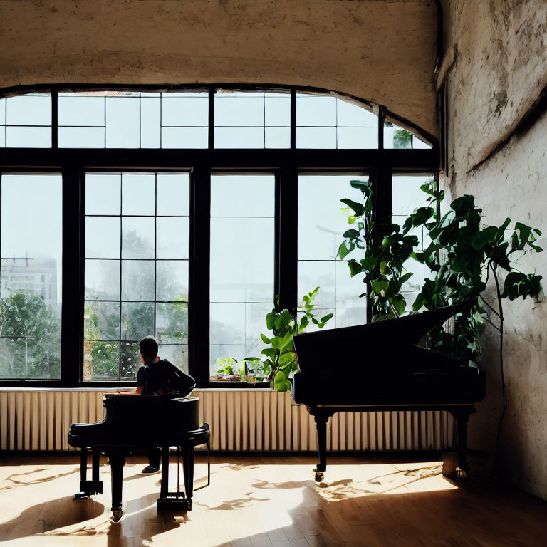 Piano Player in Sunlit Room with Large Windows