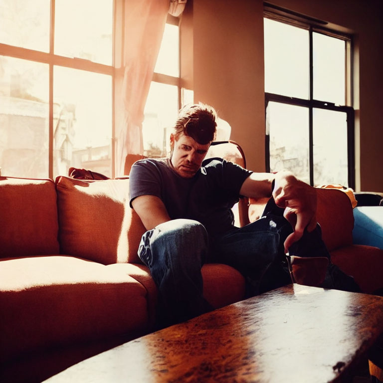 Man sitting on red couch by sunlit window, deep in thought