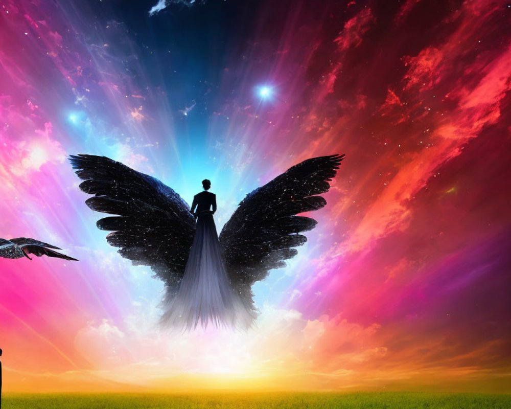 Silhouette of person with large wings in colorful field with dramatic sky