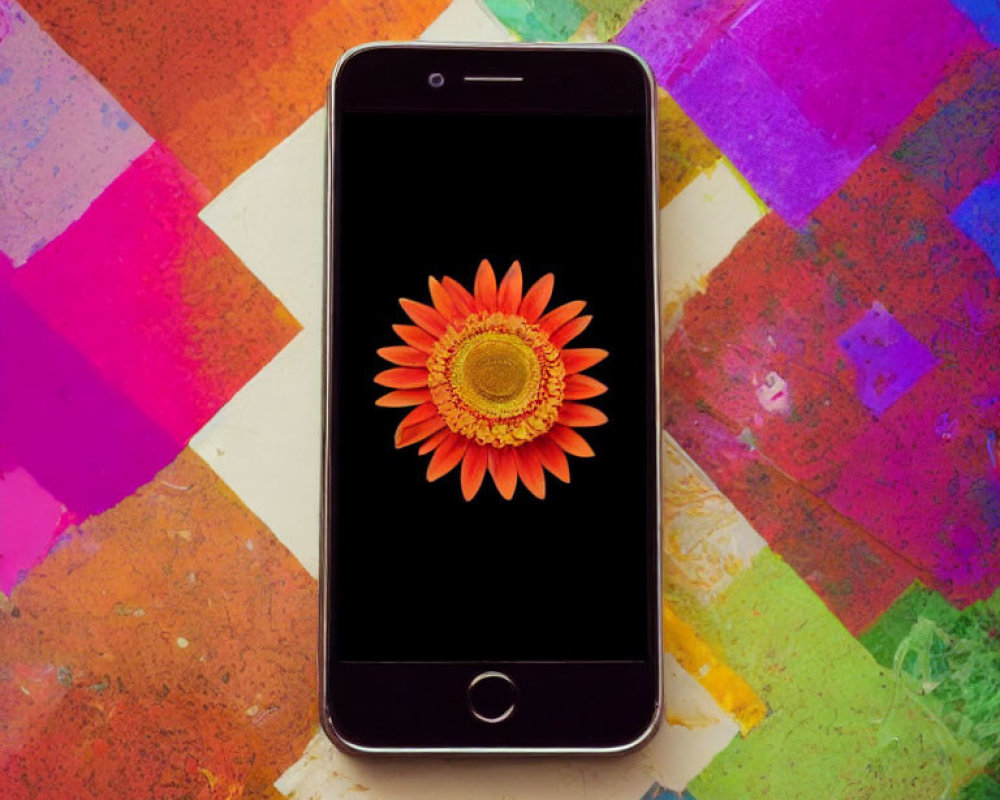 Orange Flower Wallpaper Smartphone on Colorful Geometric Background