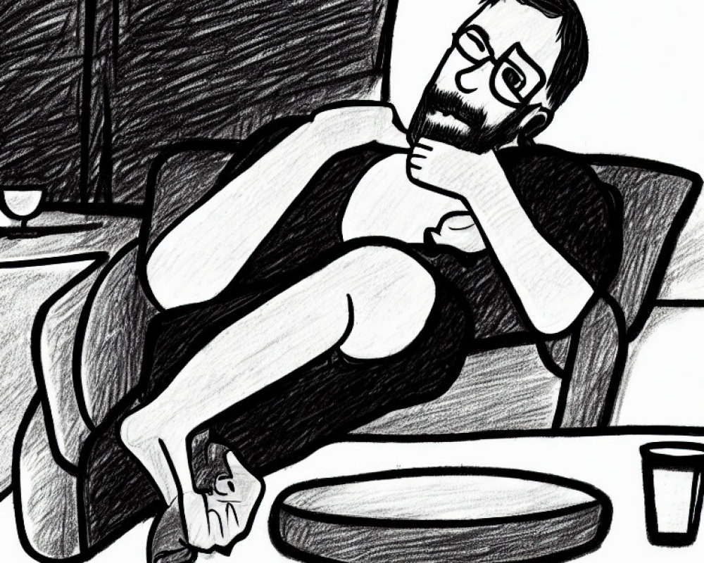 Bearded person sketch reclining with coffee cup and table