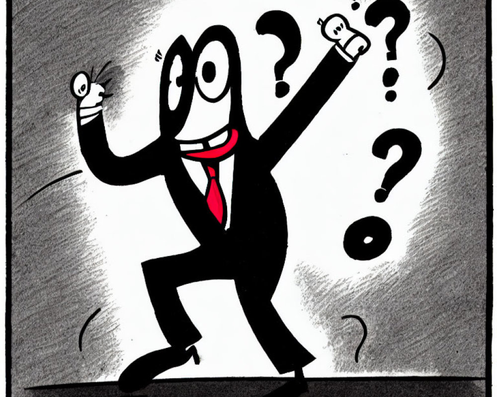 Monochrome cartoon character in suit with questioning expression surrounded by question marks