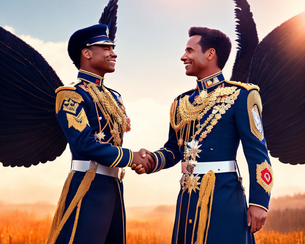 Two people in ornate military-style uniforms with wings, shaking hands in a field at sunset