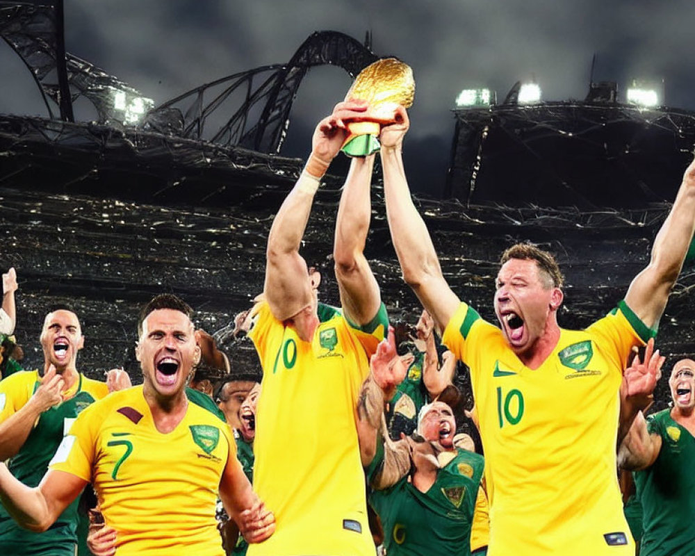 Soccer team celebrating victory with gold trophy at night