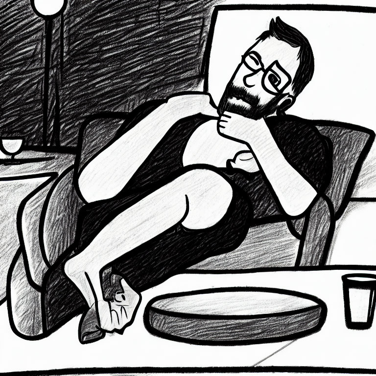 Bearded person sketch reclining with coffee cup and table