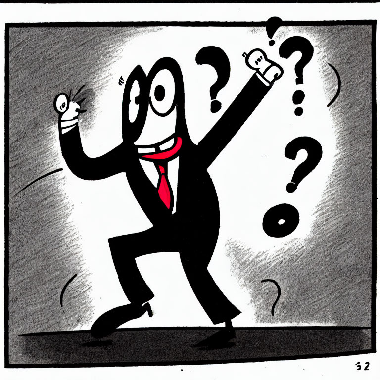 Monochrome cartoon character in suit with questioning expression surrounded by question marks