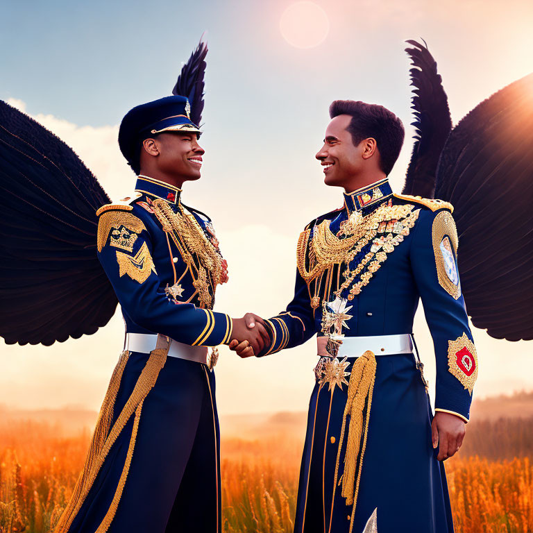 Two people in ornate military-style uniforms with wings, shaking hands in a field at sunset