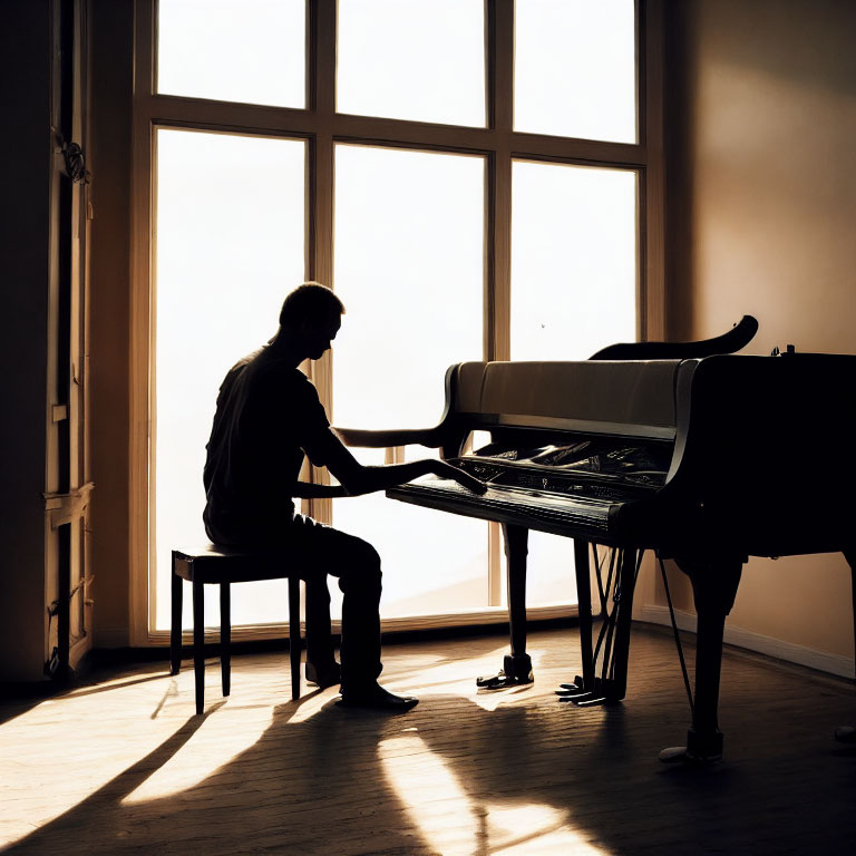 Person playing piano in sunlight by large window