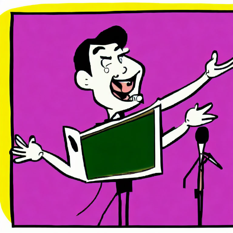 Animated character in suit with open mouth holding green board next to microphone on pink and yellow background