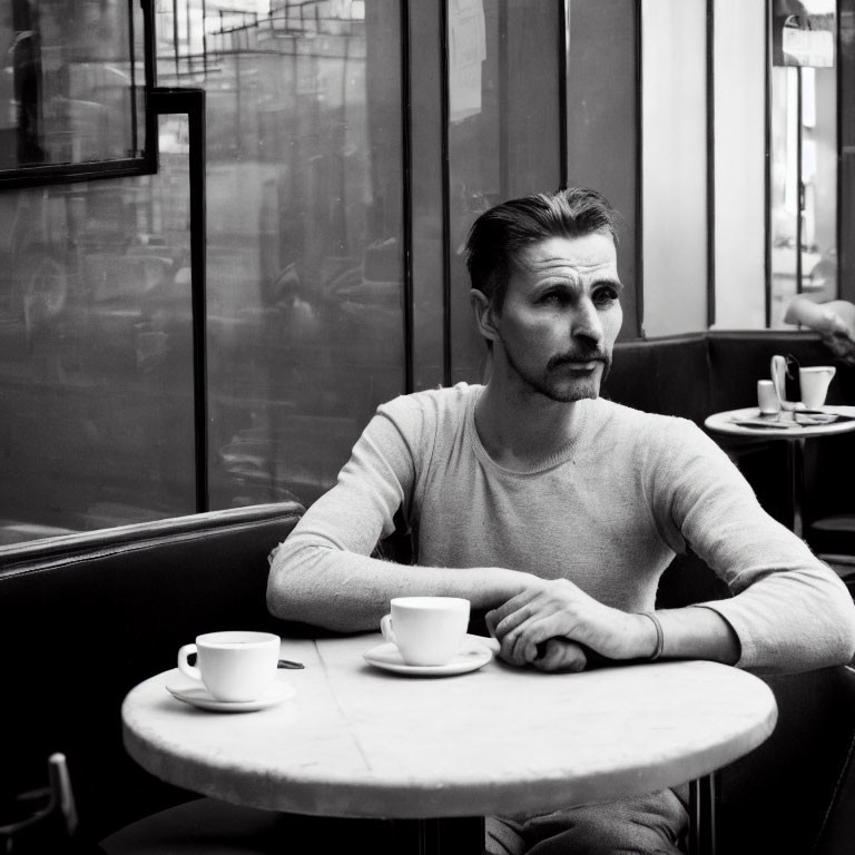 Man Sitting at Café Table with Two Coffee Cups in Black and White Photo