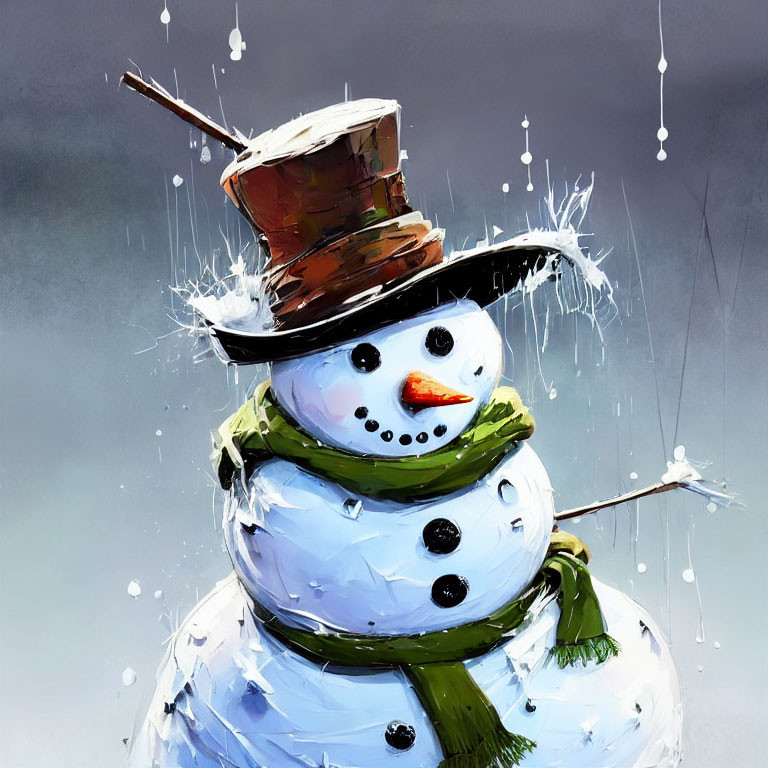 Snowman with carrot nose, top hat, green scarf, and stick arms in snowy scene.