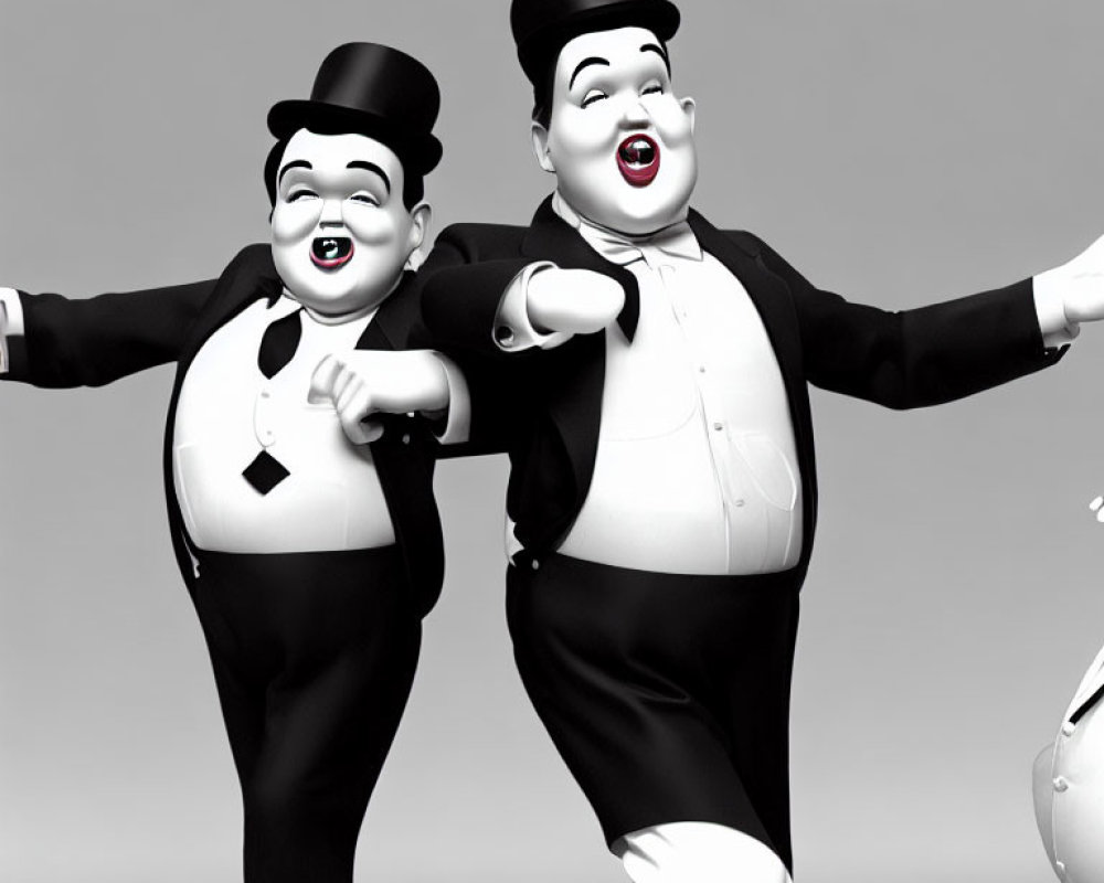 Vintage animated characters in black suits and top hats joyfully dancing