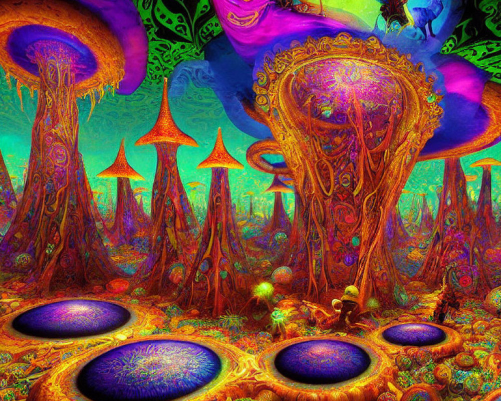 Colorful Psychedelic Forest with Oversized Mushrooms and Fantastical Flora