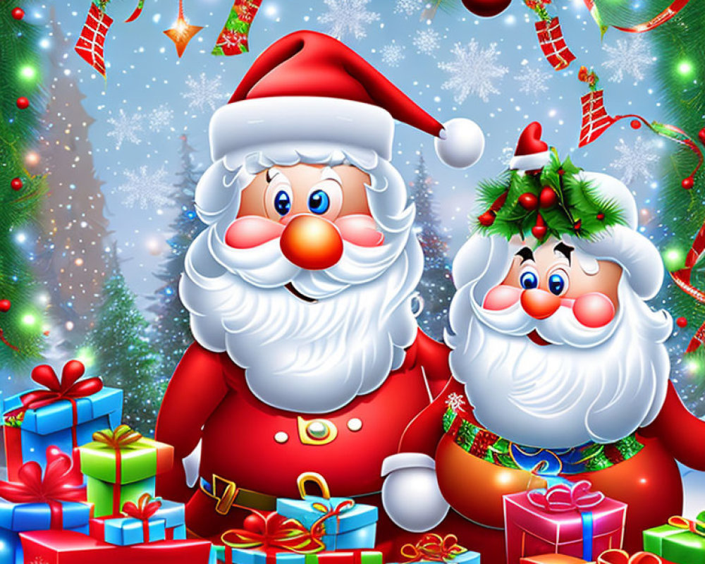 Santa Claus and Mrs. Claus with gifts in festive Christmas scene.