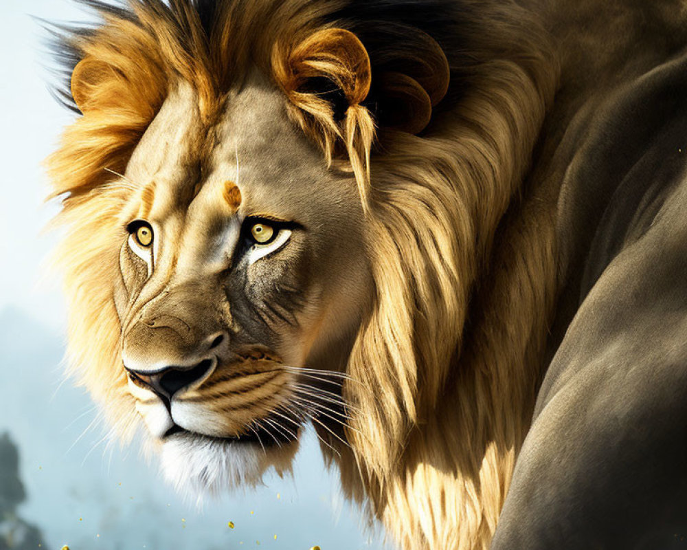 Realistic digital illustration of majestic lion with thick mane in regal pose