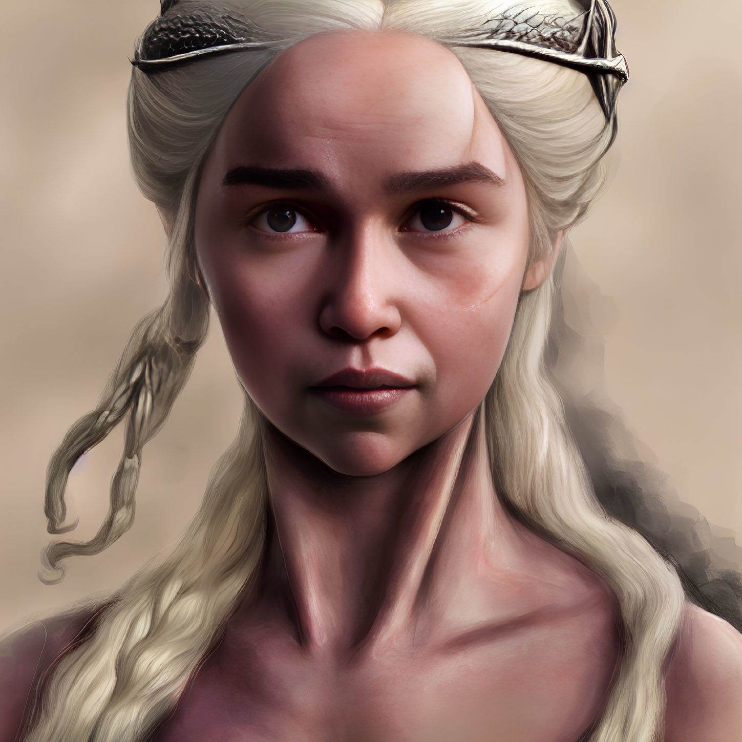 Portrait of woman with platinum blonde hair and dragon-inspired headpiece.