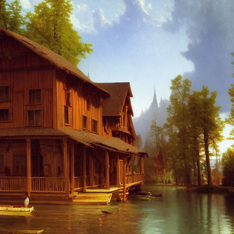 Rustic lakeside scene with wooden buildings, dock, lush trees, and distant castle.