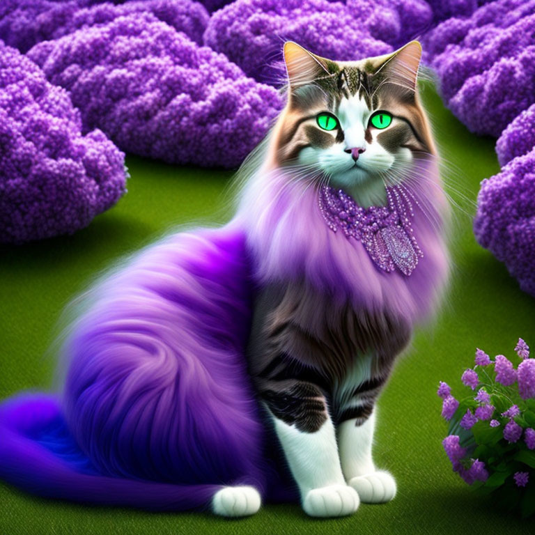 Majestic cat with purple tail and green eyes in fantastical purple foliage