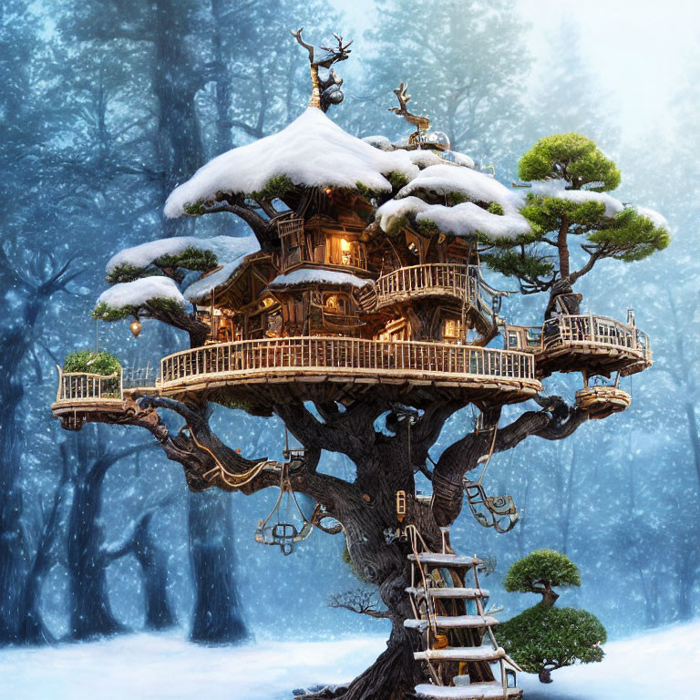 Snow-covered forest treehouse with bonsai trees and intricate wooden architecture