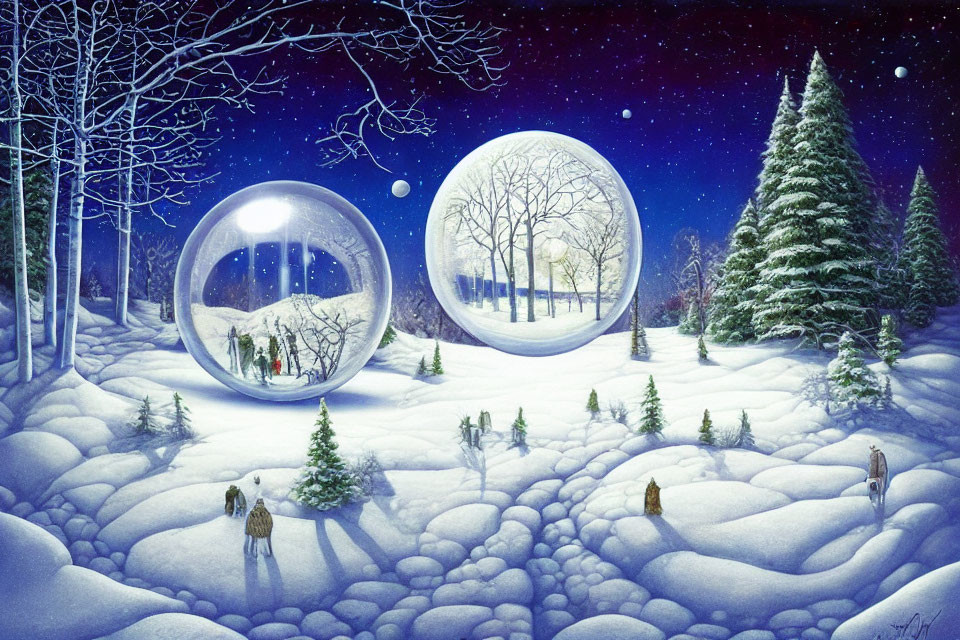 Snow-covered winter landscape with transparent spheres and roaming wolves