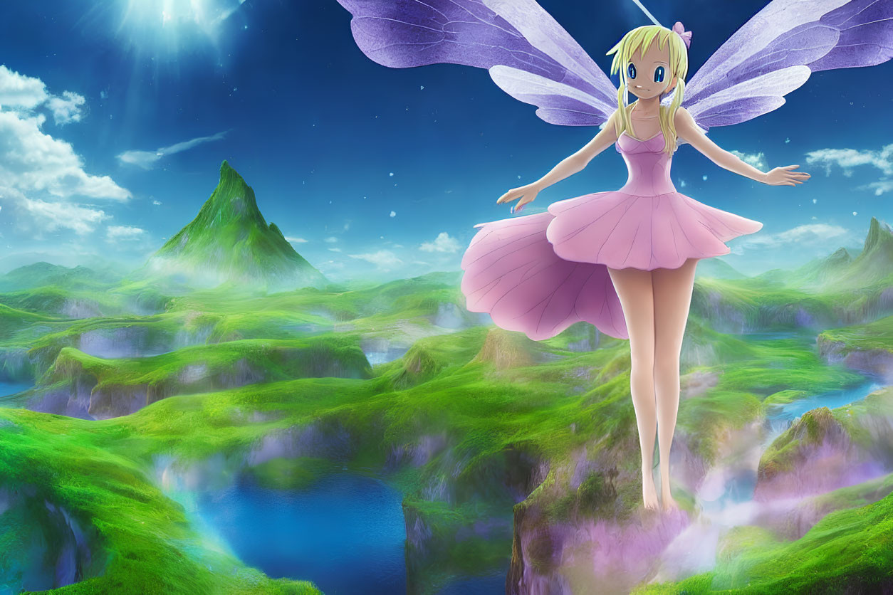 Anime-style fairy in pink dress flying over vibrant fantasy landscape