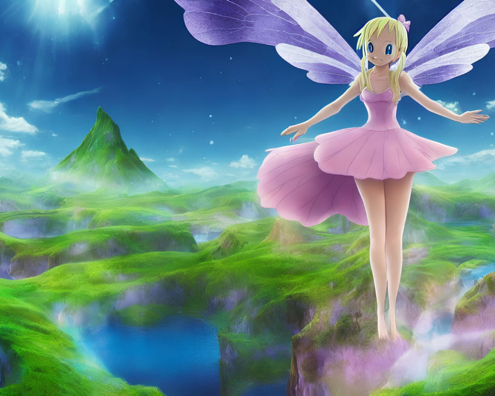 Anime-style fairy in pink dress flying over vibrant fantasy landscape