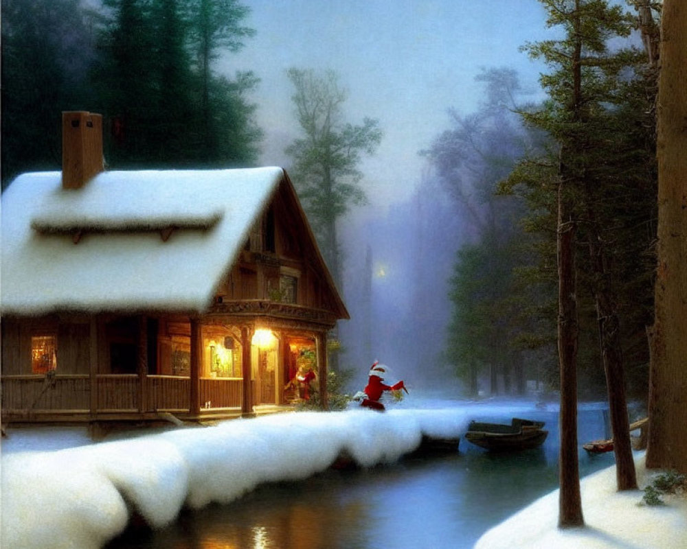 Cozy winter cabin by river in snowy forest with Santa Claus figure