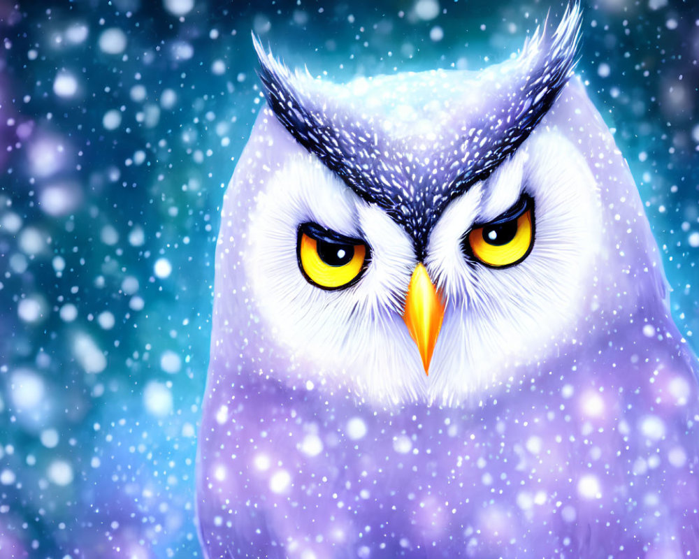 Snowy owl with yellow eyes in snowy scene