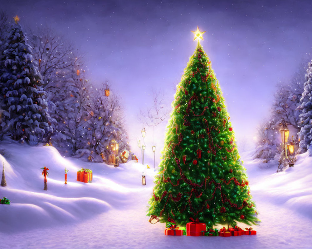 Snowy Christmas Scene: Illuminated Tree with Star, Snowy Landscape, Presents, Lanterns