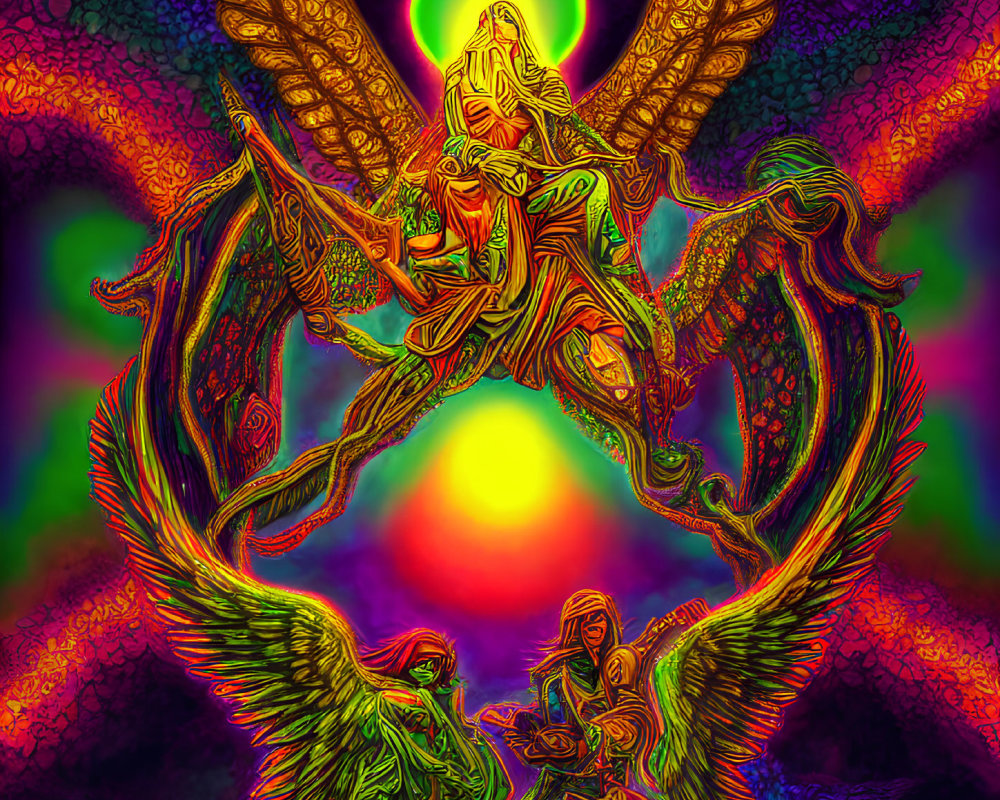 Colorful Psychedelic Artwork: Multi-Winged Humanoid Entity Amid Glowing Orbs