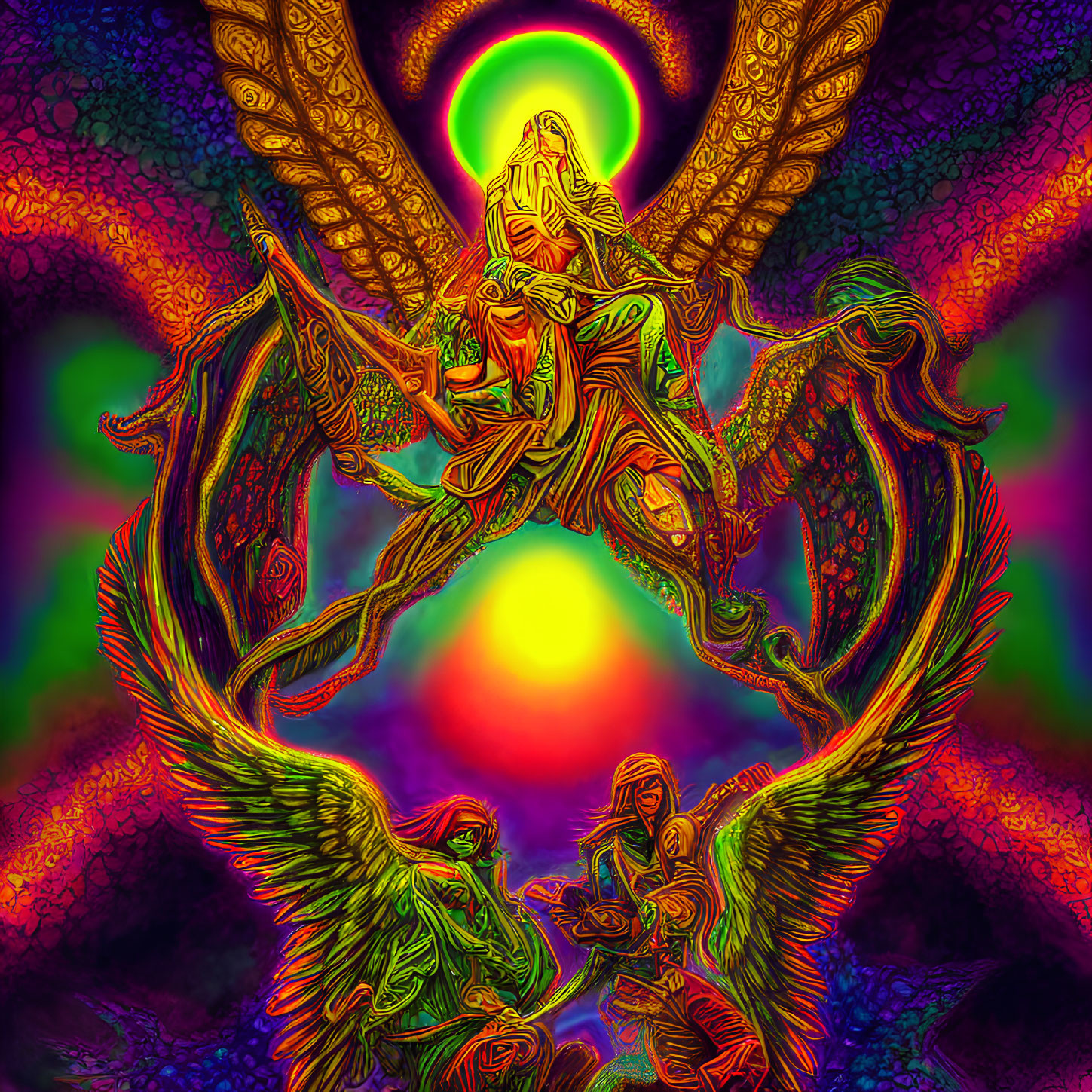 Colorful Psychedelic Artwork: Multi-Winged Humanoid Entity Amid Glowing Orbs