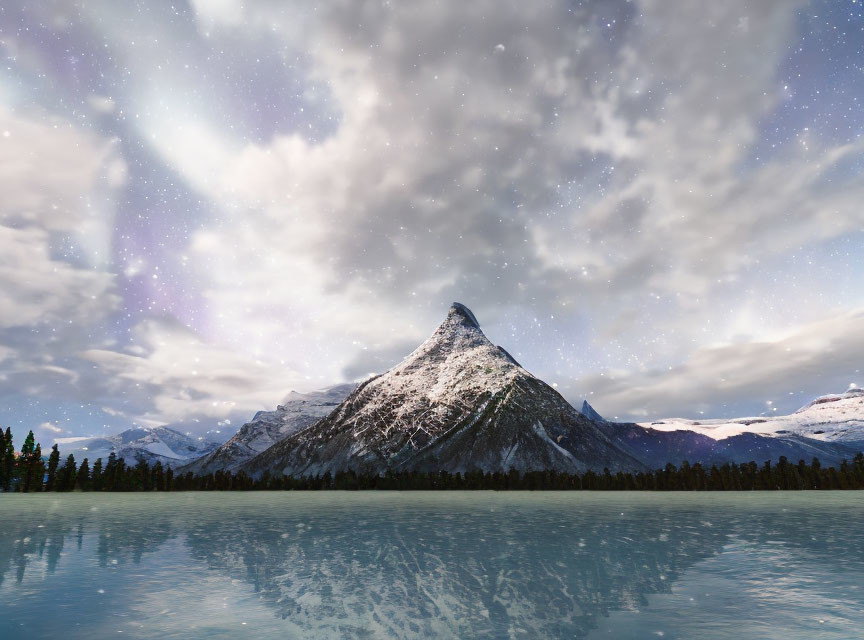 Snow-capped mountain under starry night sky reflected in serene lake.