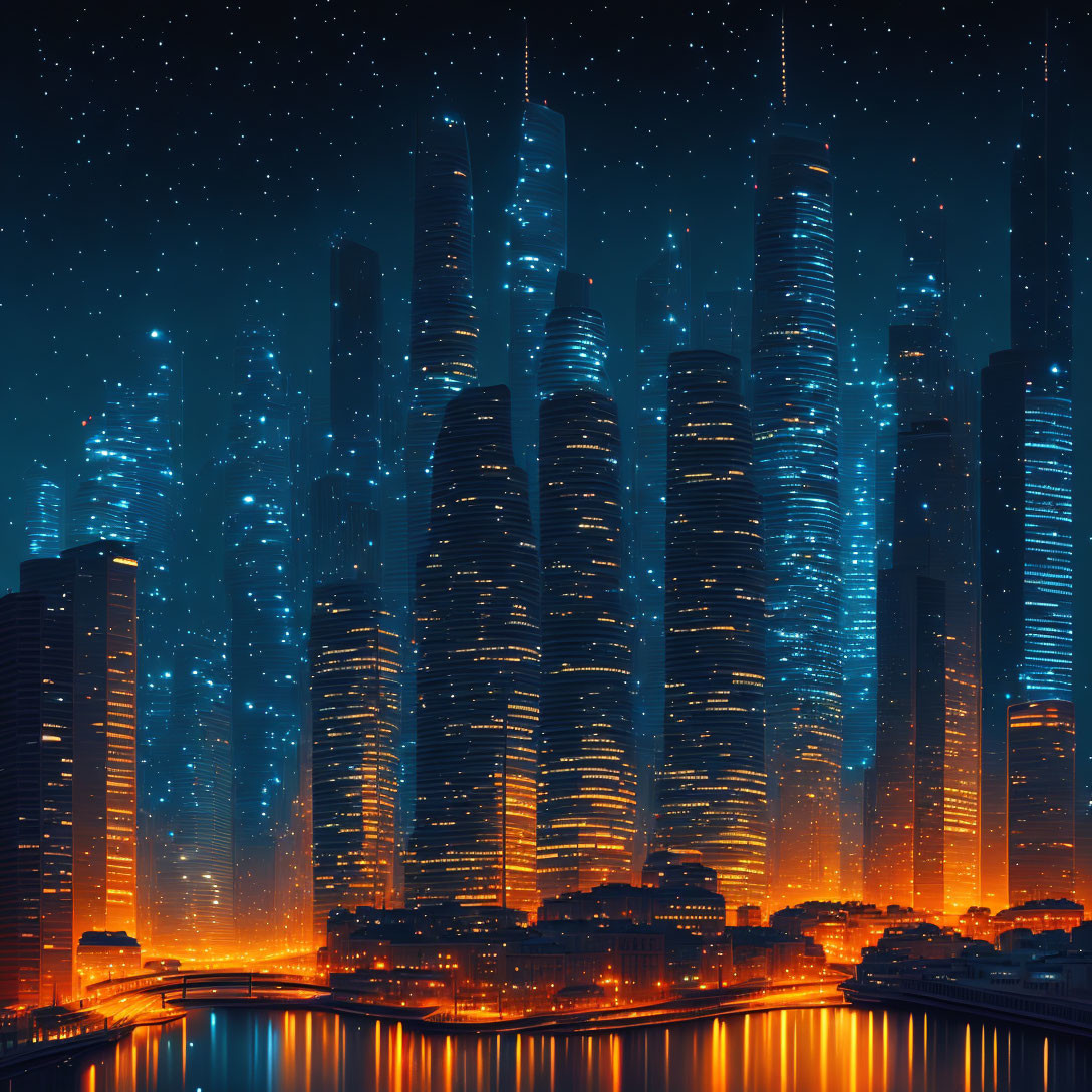 Futuristic city skyline at night with illuminated skyscrapers and starry sky reflected on water