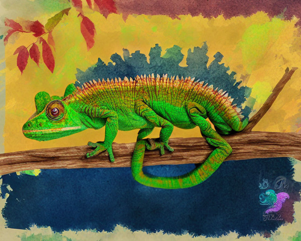 Vibrantly colored chameleon on textured branch against multicolored background