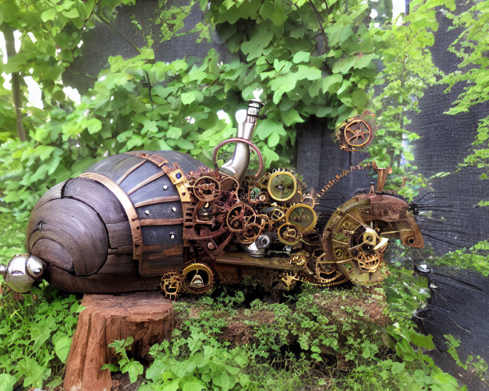 Steampunk-style Mechanical Snail Sculpture with Gears in Natural Setting