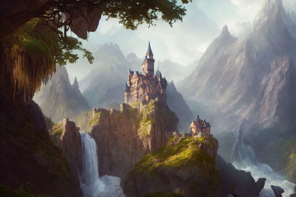 Majestic castle on cliff with waterfalls in misty landscape