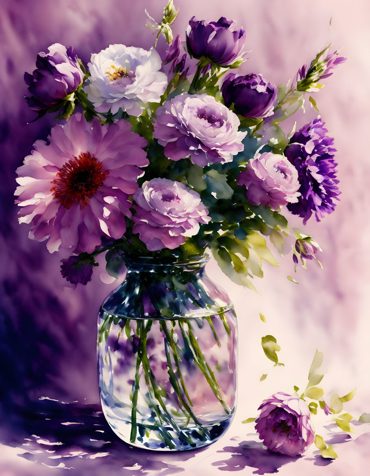 Purple and White Flowers in Clear Glass Vase on Purple Backdrop with Brush Strokes