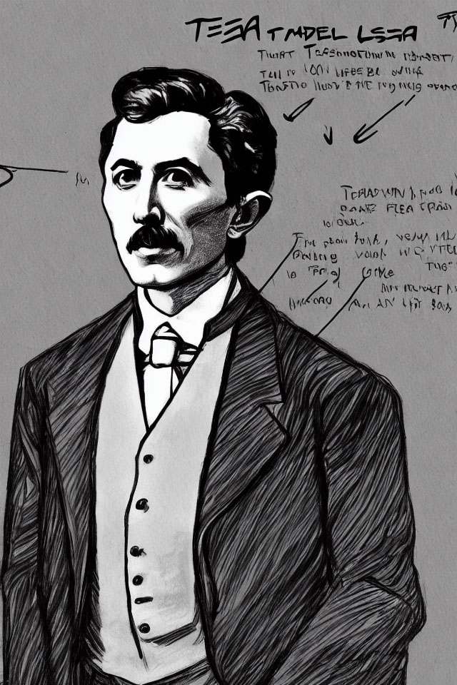 Monochrome sketch of Nikola Tesla with handwritten notes and formulas