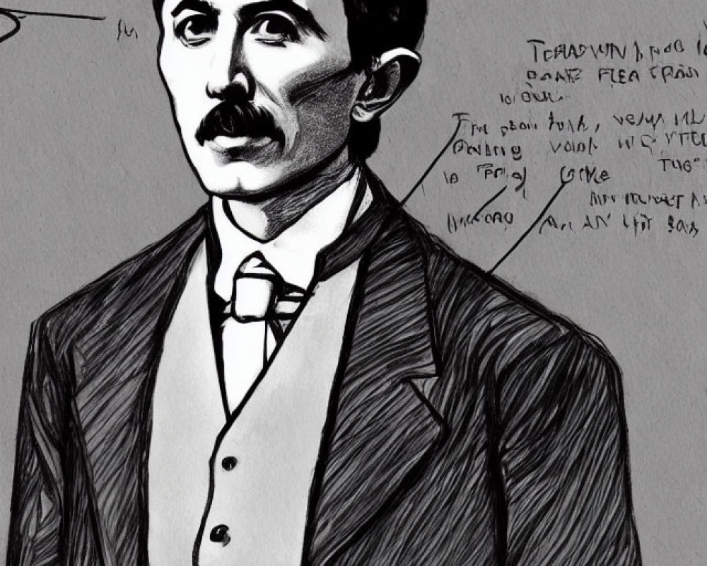 Monochrome sketch of Nikola Tesla with handwritten notes and formulas